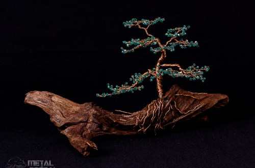 Green Faceted Crystal Bead Wire Tree Sculpture On Driftwood Base by Metal Bonsai MG238-3