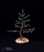 Green Glass Bead Wire Tree Sculpture On Stone Base by Metal Bonsai MG233-1