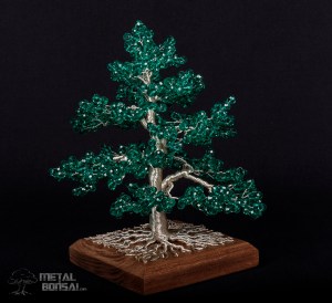 Green Wire Bead Tree Sculpture on Wood Base by Metal Bonsai MG285