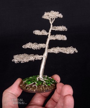 Silver slanting wire tree sculpture by Metal Bonsai MG272